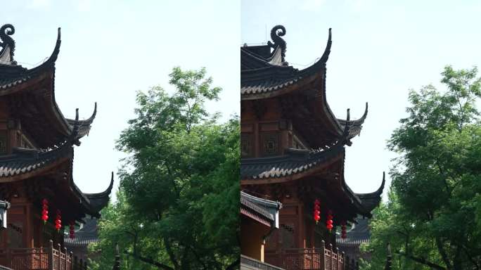 竖屏拍摄杭州中天竺寺庙古建筑门口小桥小溪