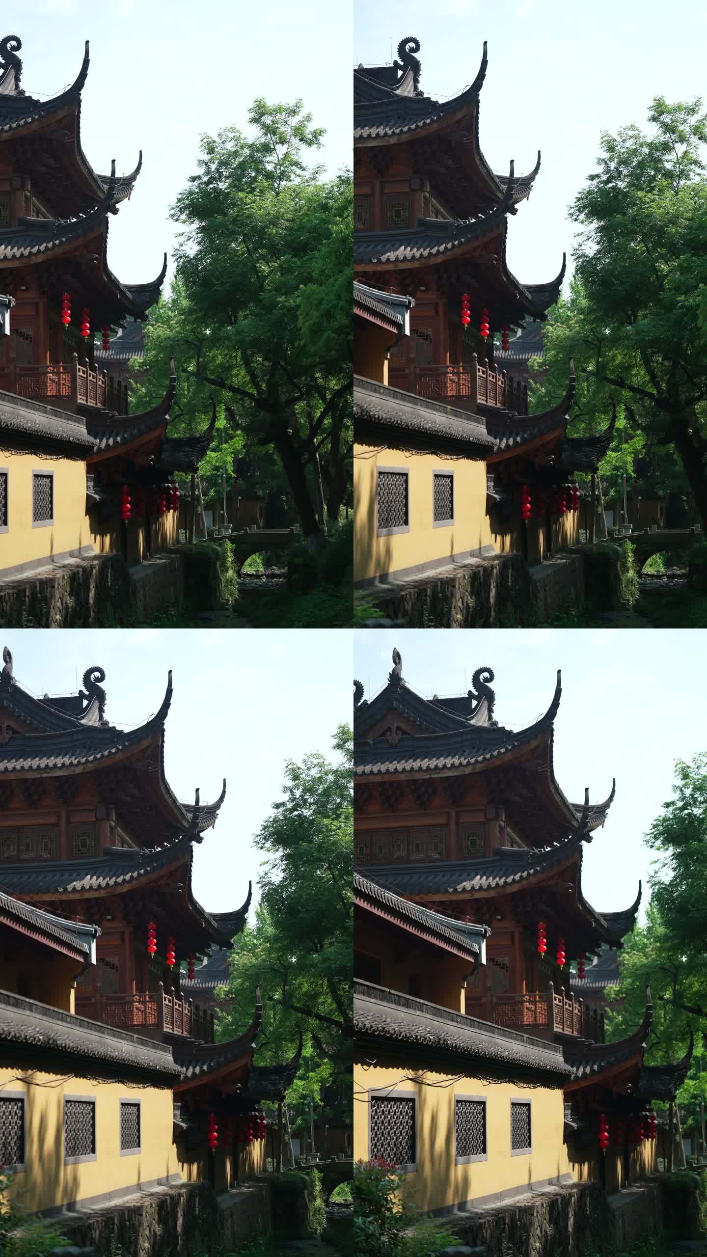 竖屏拍摄杭州中天竺寺庙古建筑门口小桥小溪