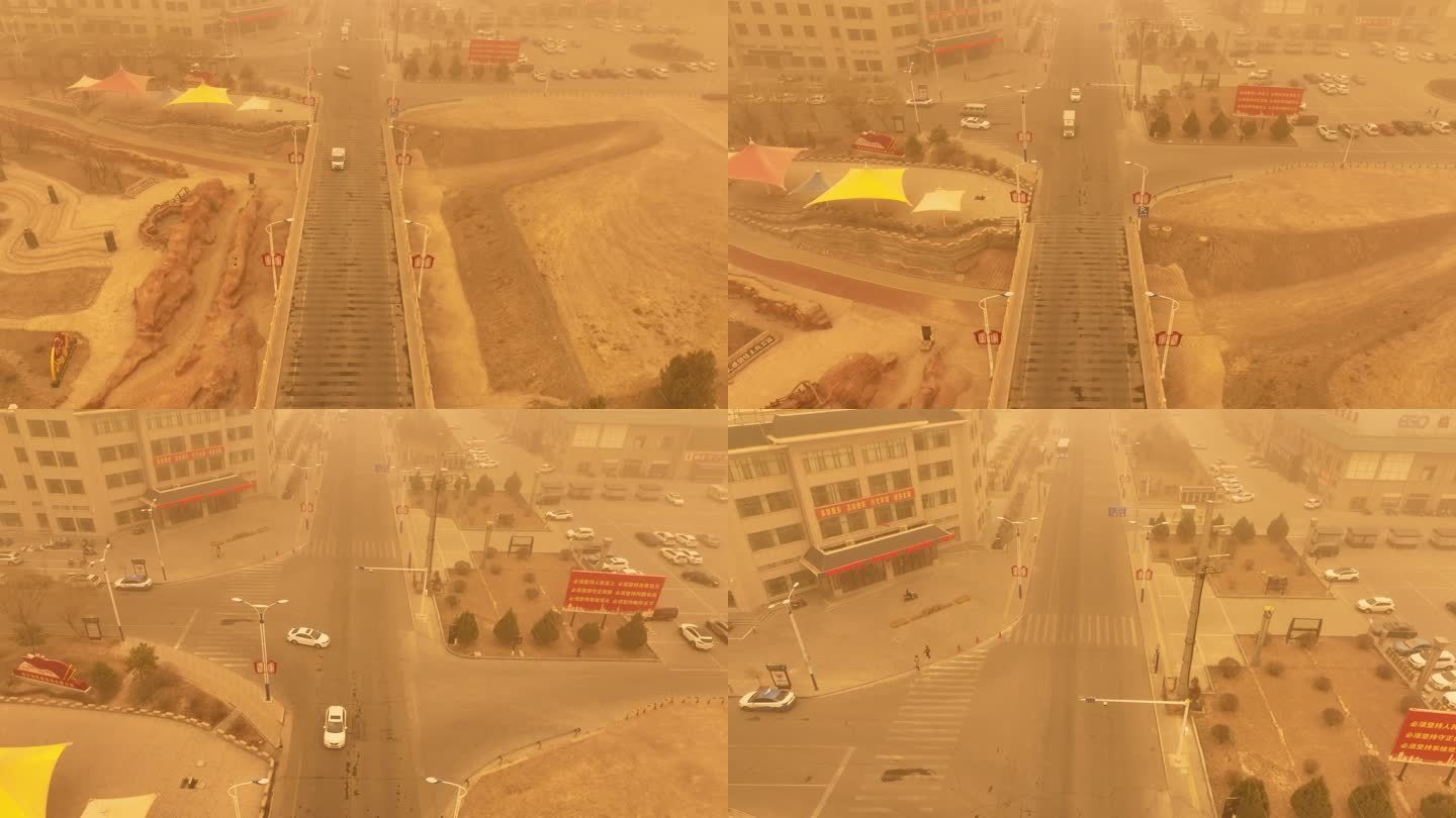 4k航拍城市沙尘暴天气