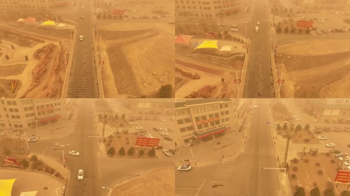 4k航拍城市沙尘暴天气