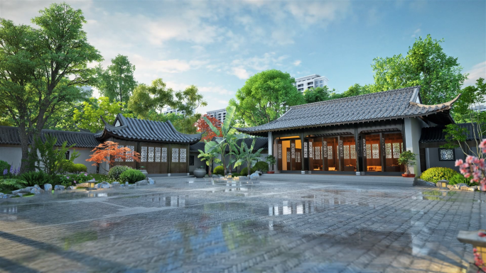 新中式合院中庭园林动画素材