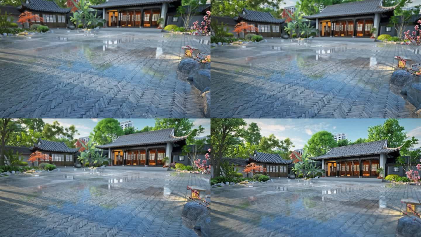 新中式合院中庭园林动画素材
