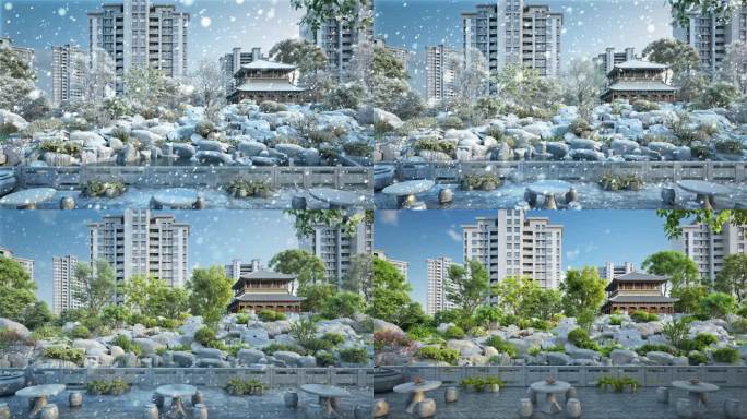 唯美新中式园林冬景动画素材