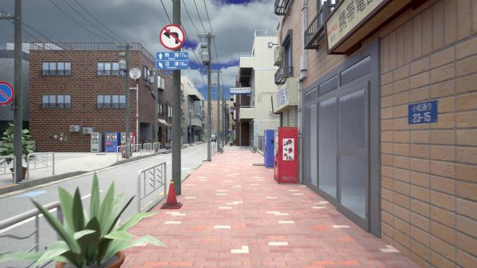 白天多云日本小镇街道穿梭特效小品舞台背景
