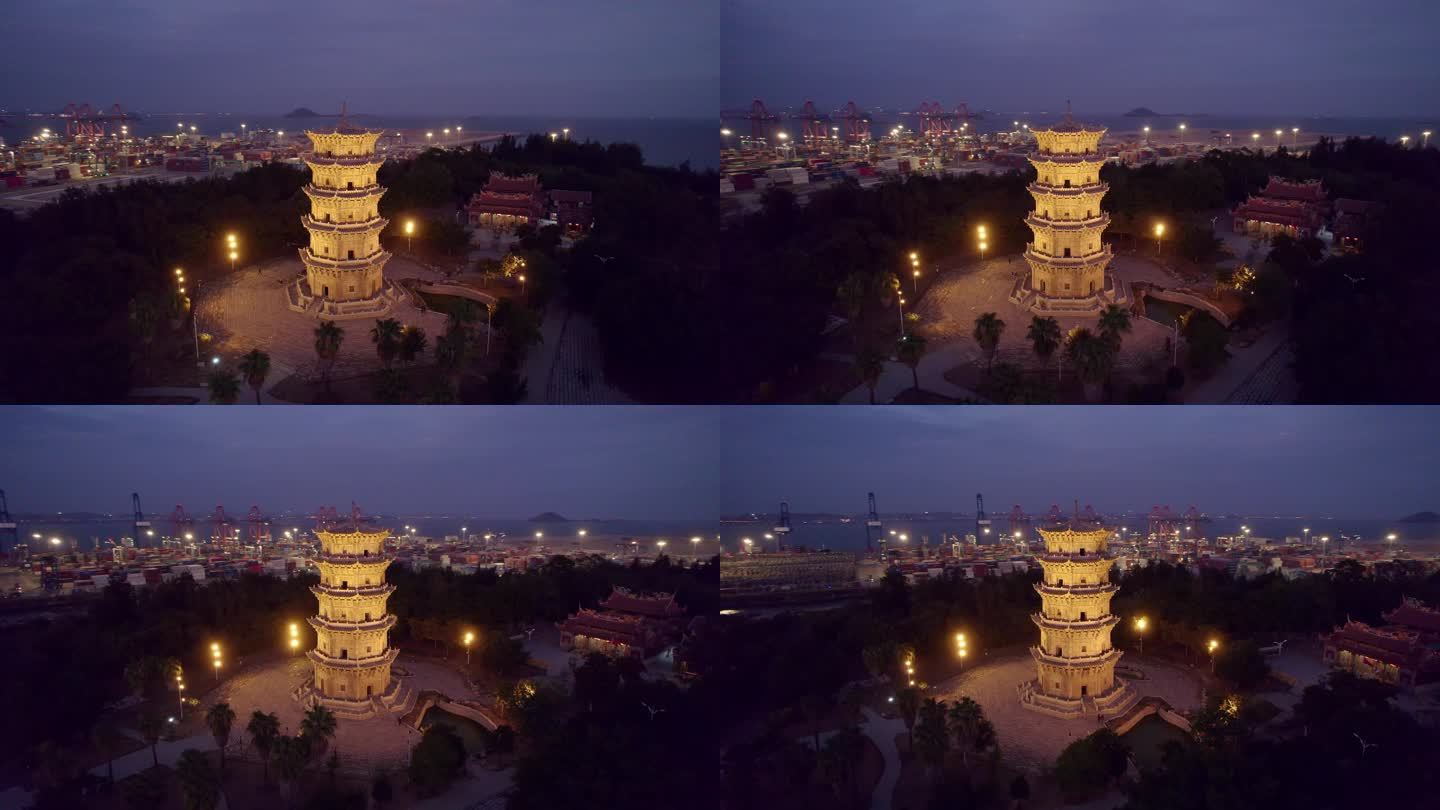 福建泉州石狮古建筑六胜塔港口夜景航拍