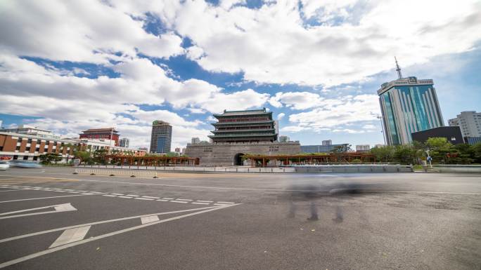 太原五一广场蓝天白云大范围延时4k