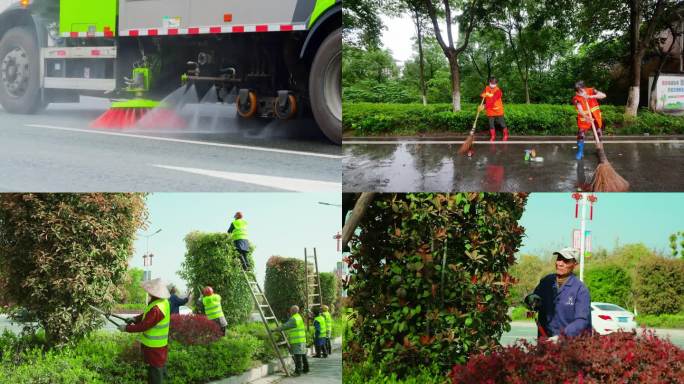 环卫工人 洒水车 园林修整 城市绿化