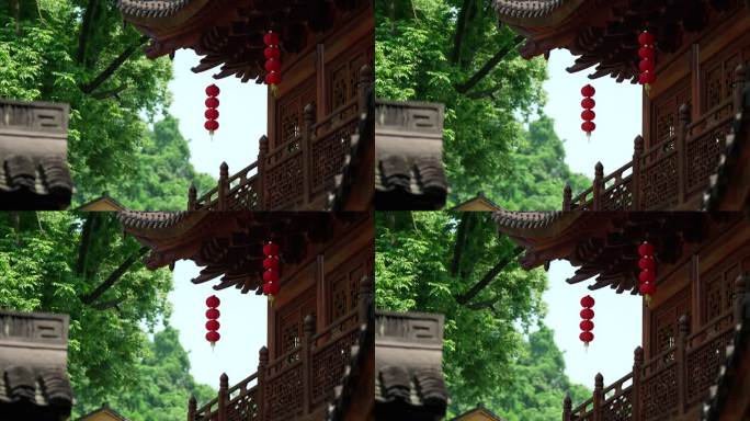 杭州下天竺 寺庙古建筑的灯笼随风摆动