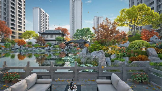 新中式江南园林庭院动画素材