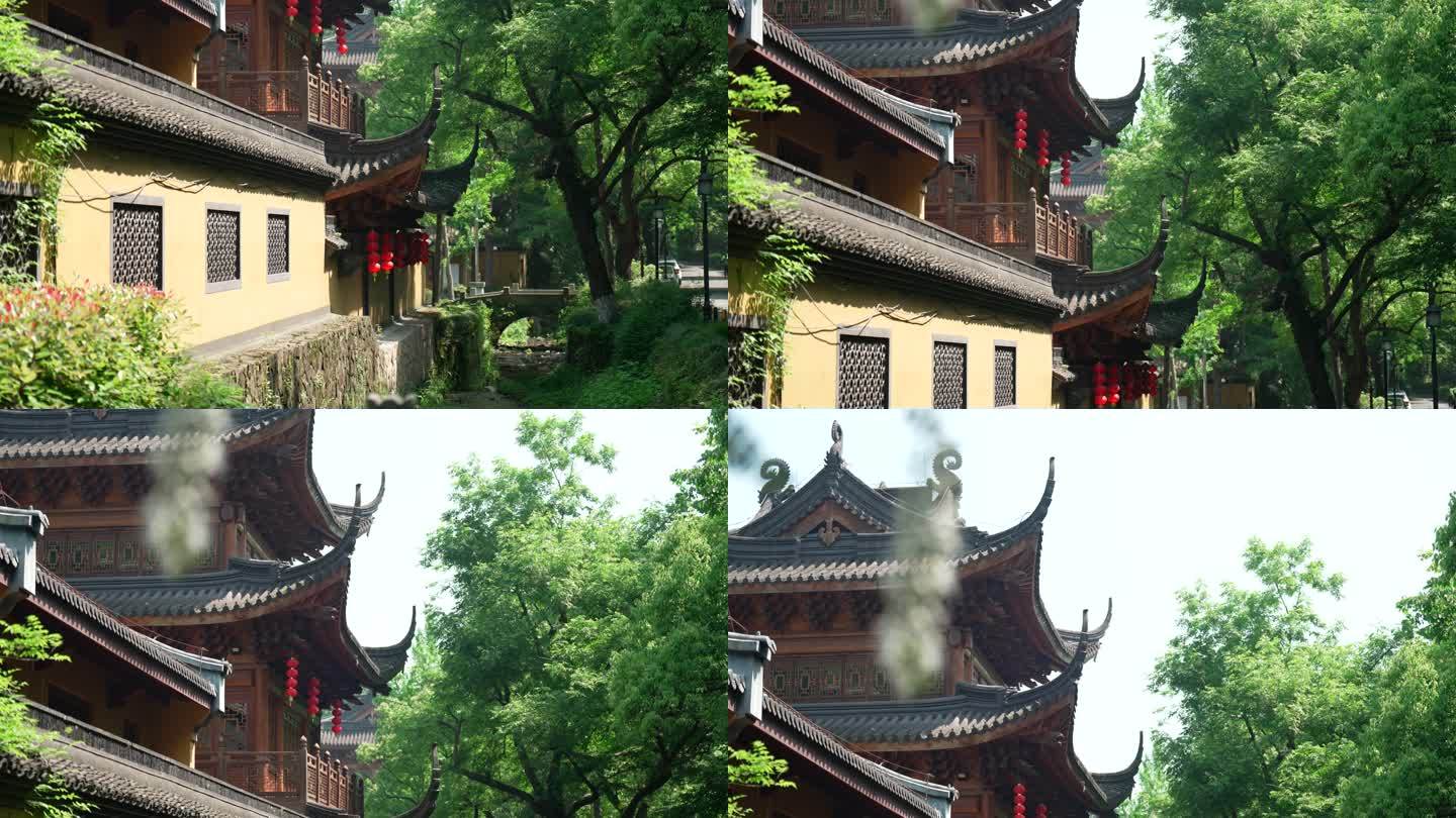 杭州下天竺 寺庙围墙外小溪流动微风吹拂