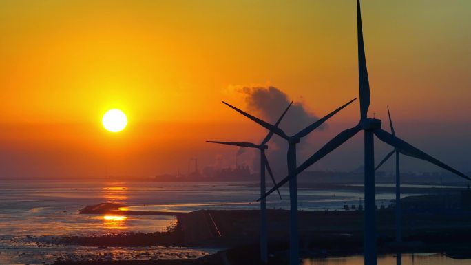 海边大风车风力发电绿色能源