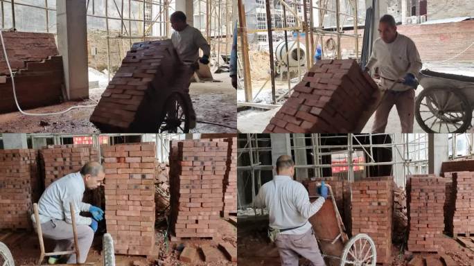 建筑工地实拍农民工建房建筑材料搬砖搬红砖