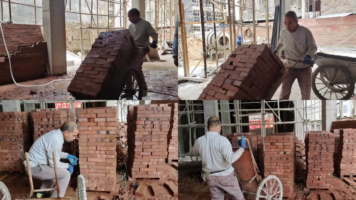建筑工地实拍农民工建房建筑材料搬砖搬红砖