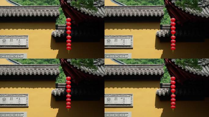 杭州下天竺 寺庙围墙前的灯笼随风飘动