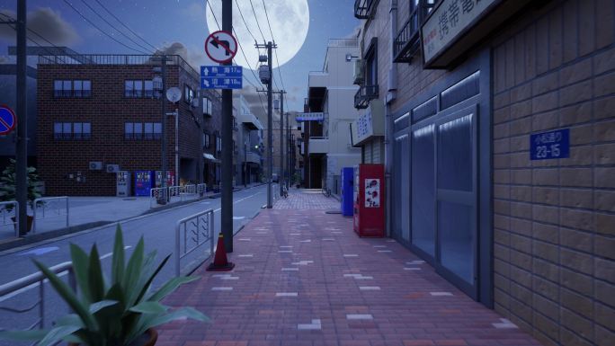 月圆之夜夜晚冷清日本小镇街道穿行大屏背景