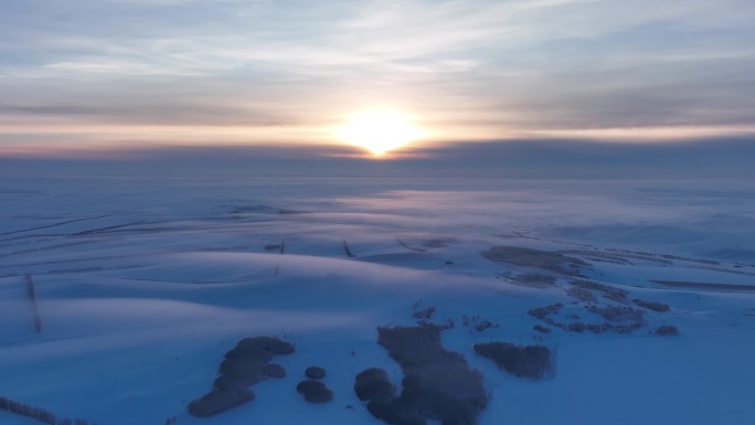 航拍4K内蒙古苍茫雪原夕照