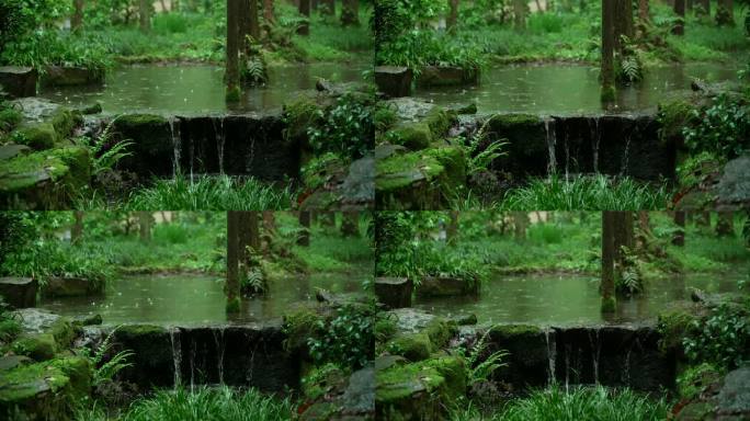 杭州虎跑下雨天绿色树林里小瀑布传来流水声