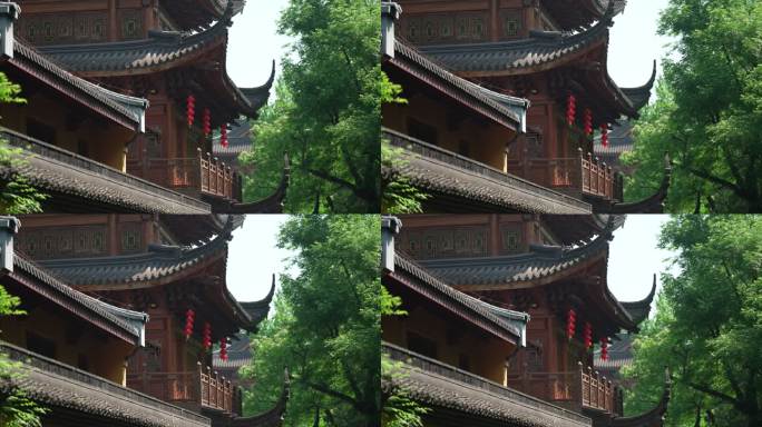 杭州下天竺 微风吹拂寺庙的灯笼与树叶