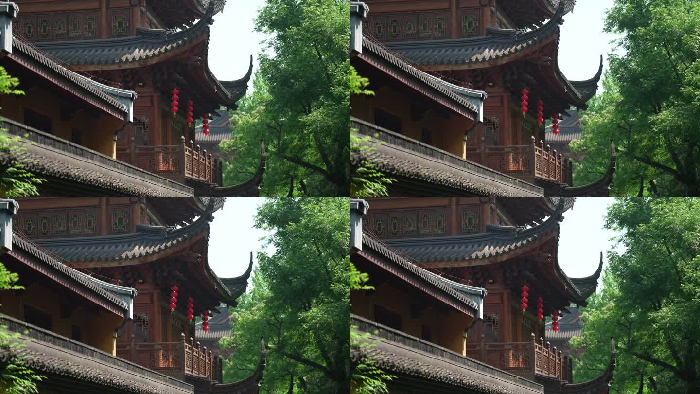 杭州下天竺 微风吹拂寺庙的灯笼与树叶