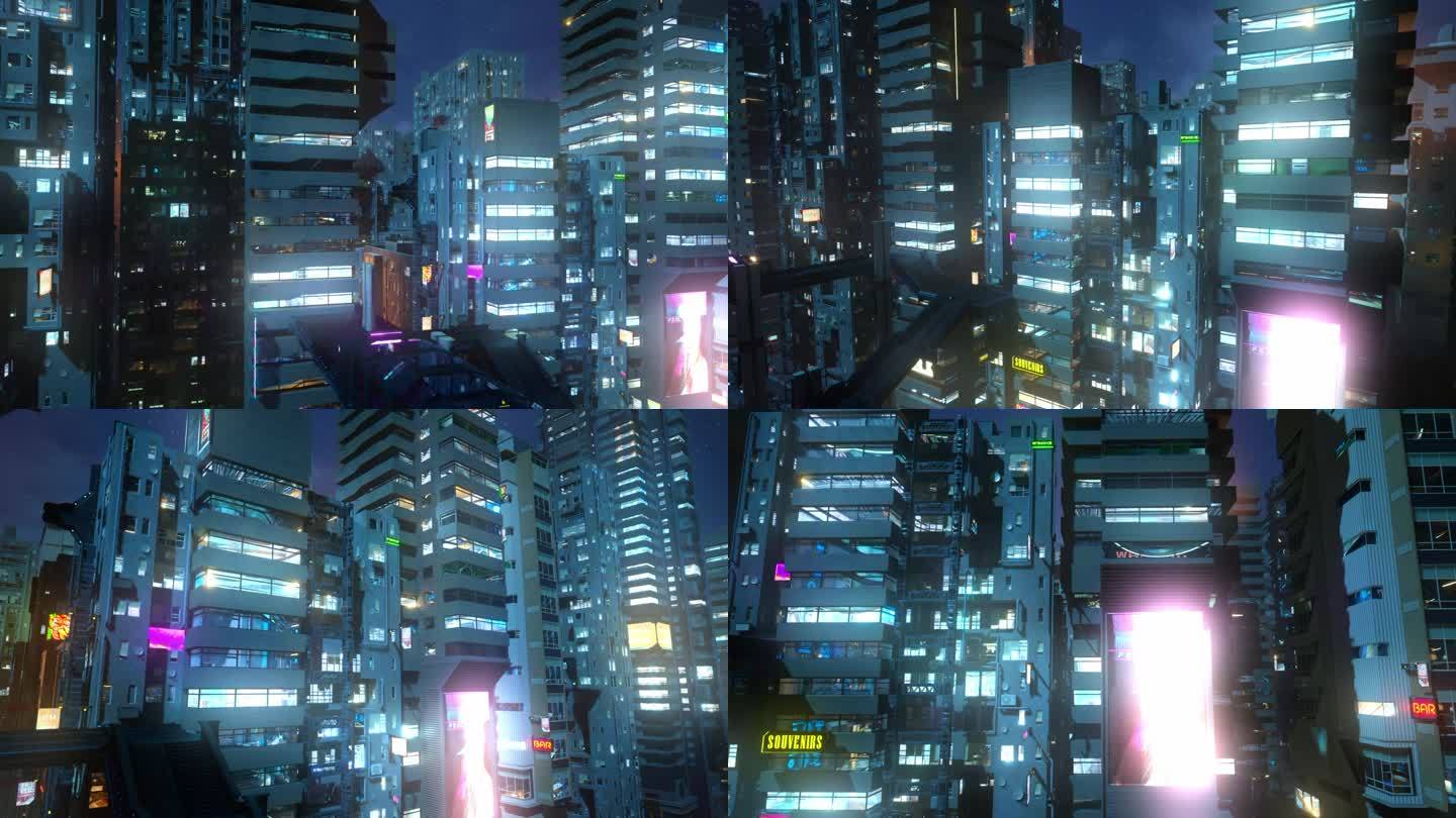赛博朋克楼宇未来都市虚拟城市夜晚夜景场景