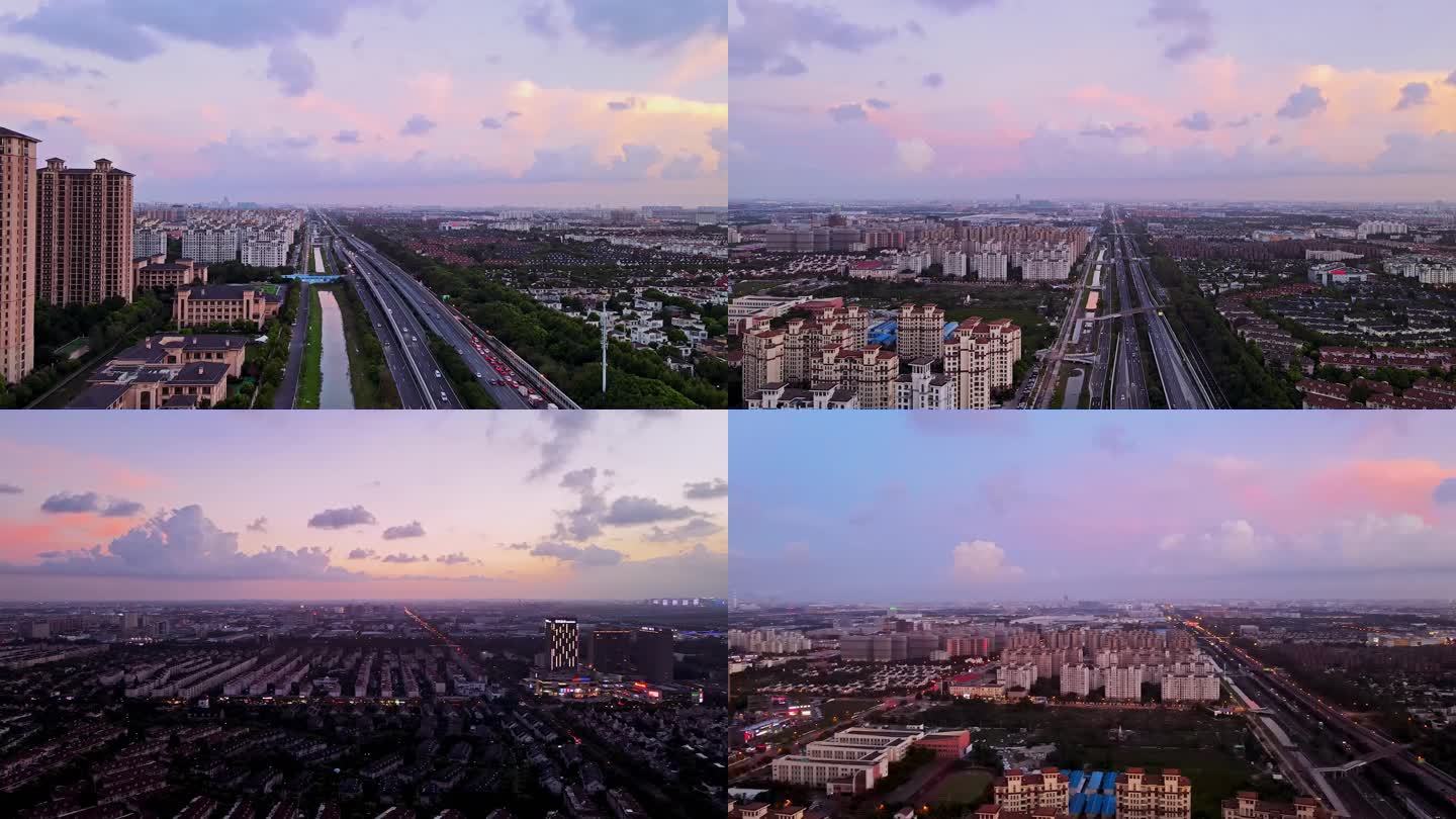 4k-360度航拍城市，河道，天空，夕阳