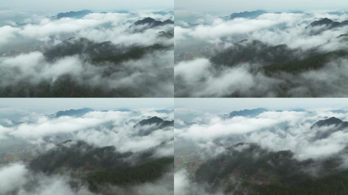 4K航拍云雾缭绕的乡村大山