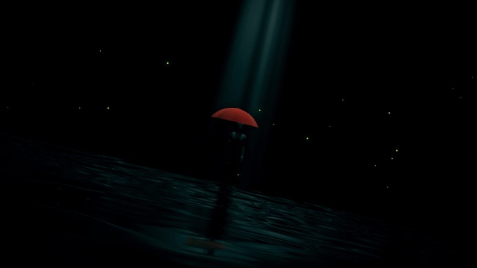 黑暗中撑着红伞的人