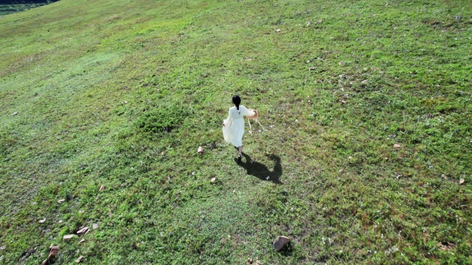 穿着白裙子的女孩在草地上奔跑