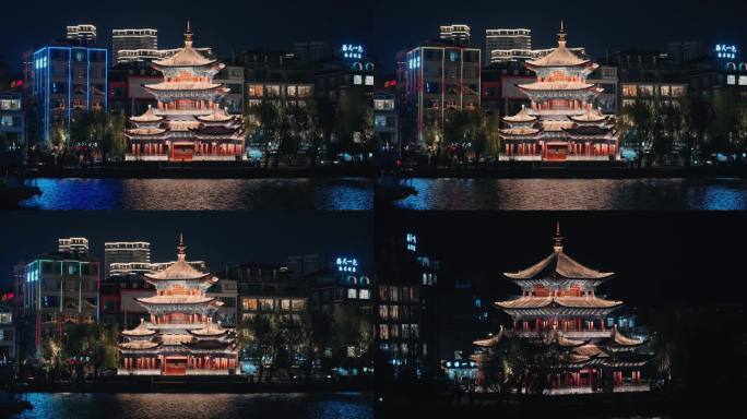 云南大理洱海河兴盛桥下的锁水阁楼夜景