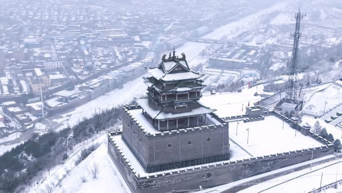 航拍山西忻州偏头关雪景