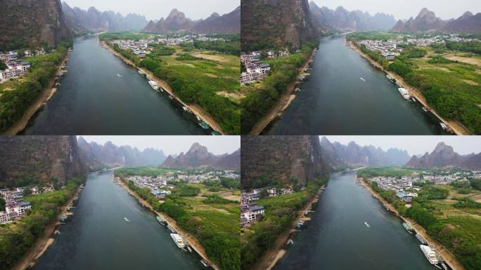 桂林山水 漓江风光 游船 喀斯特地貌航拍