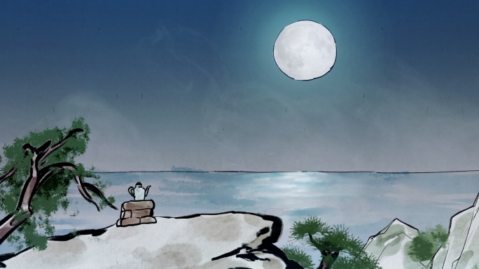 水墨手绘古风海上明月场景LED大屏