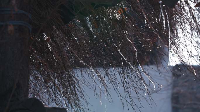草棚冰雪融化水滴落下
