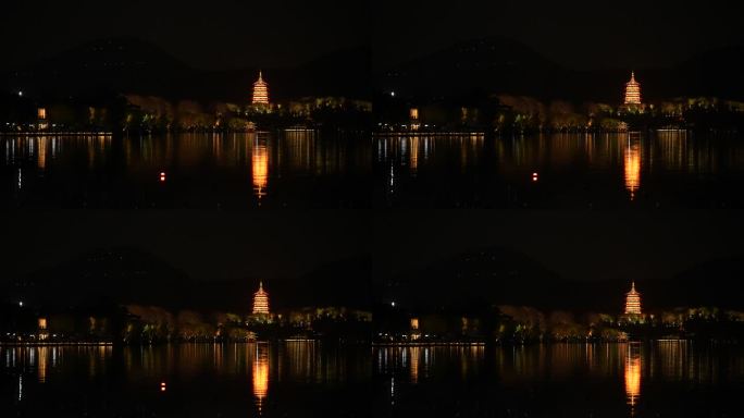 夜晚西湖边雷峰塔夜景