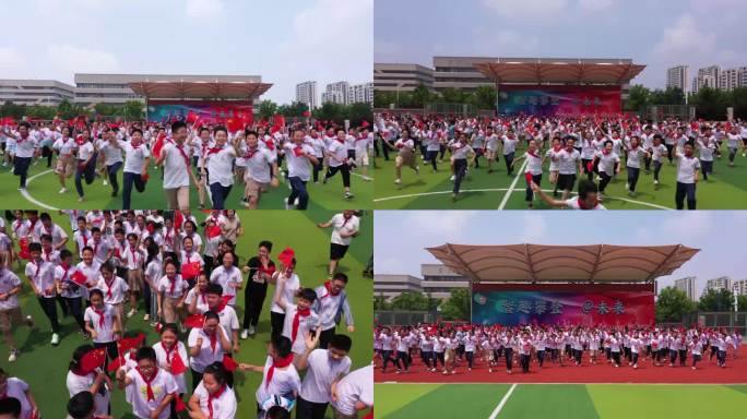 4K小学生操场拿红旗奔跑航拍
