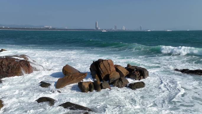 航拍海南三亚后海村 海岸边风光