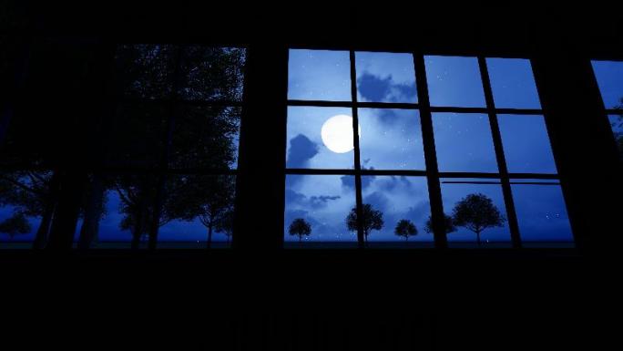 夜晚老屋窗外升起的月亮延时摄影