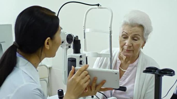 女医生对高级女性进行眼科检查并使用平板电脑