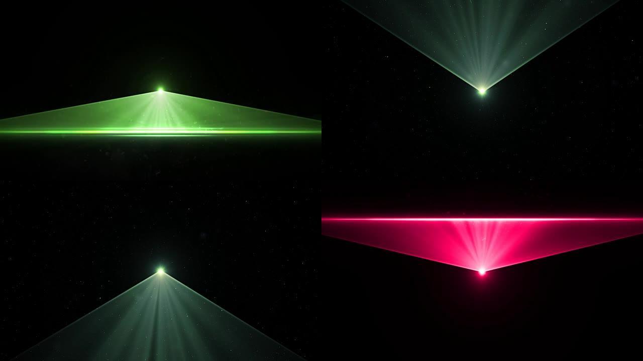 美丽的抽象激光光线清晰可见，穿过灰尘。水平移动激光束闪烁绿色红色的3d动画。