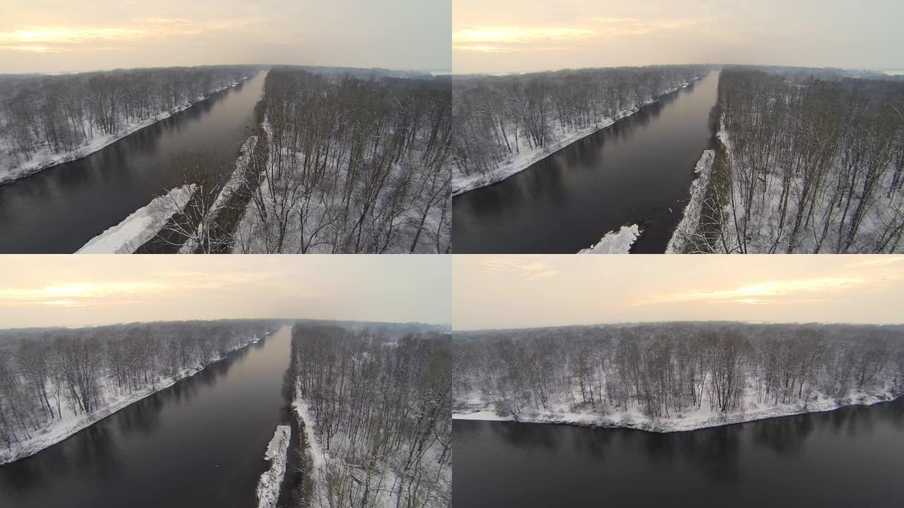 高清直升机: 寒冷日落中的河流
