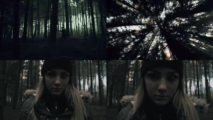 蒙太奇女人在树林深处经历恐怖