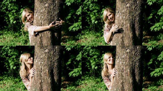 女孩拥抱树