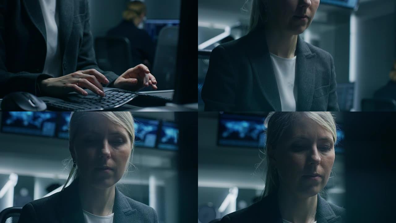 双手打字和提升到女性肖像的动态镜头。从事电脑工作的职业女性。