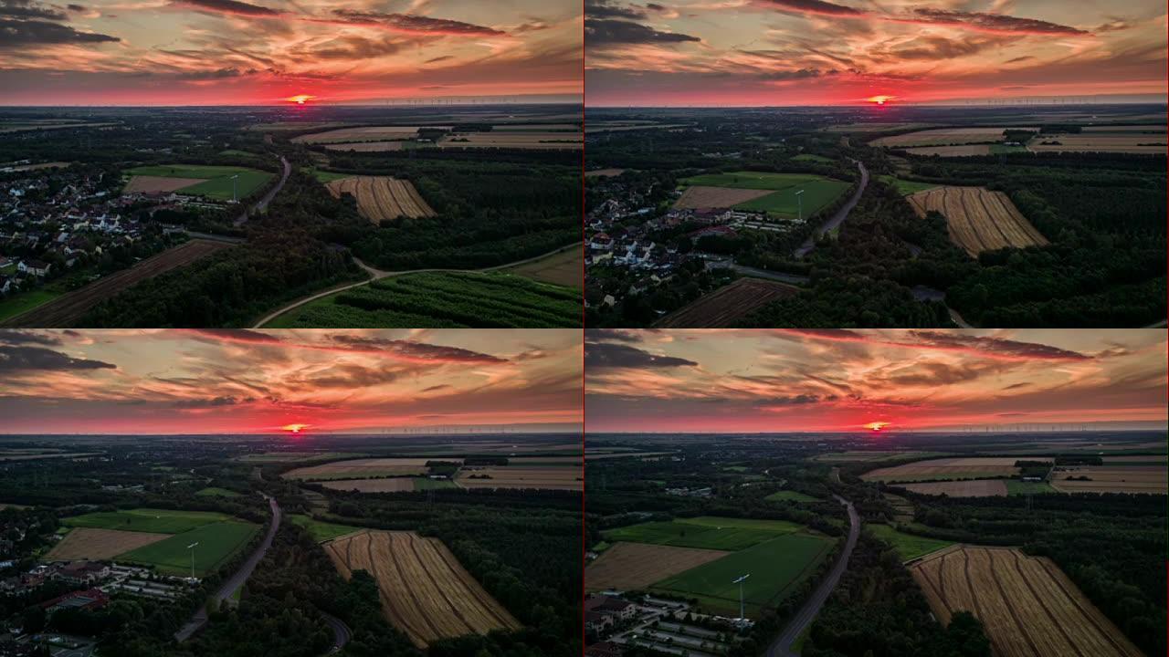 北莱茵威斯特法伦州日落时德国风景的航拍镜头