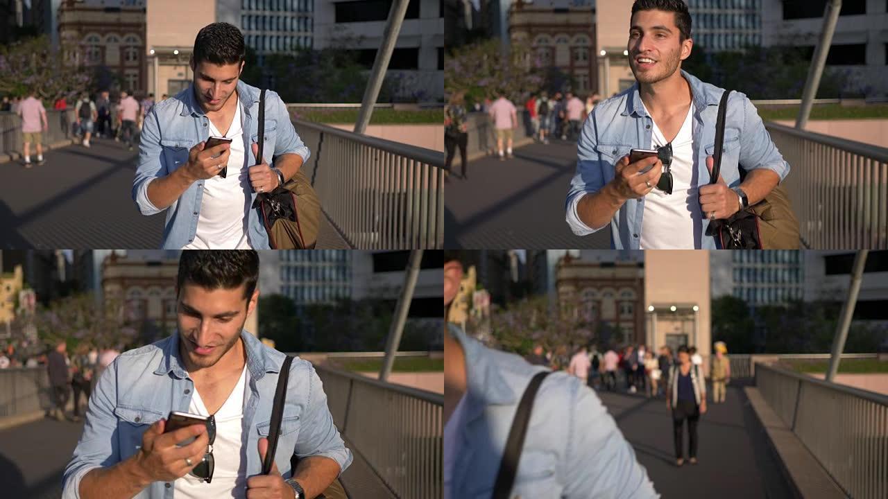 年轻人在悉尼访问时检查手机的慢动作视频