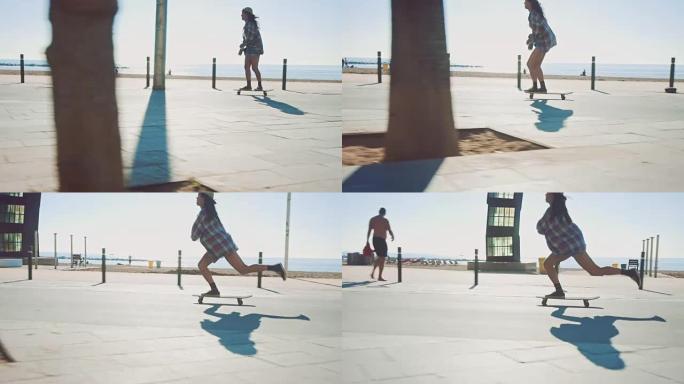 女人在海滩滑板沙滩旅游旅行假日休闲
