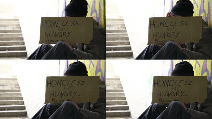 高清多莉: 带纸板标志的无家可归者
