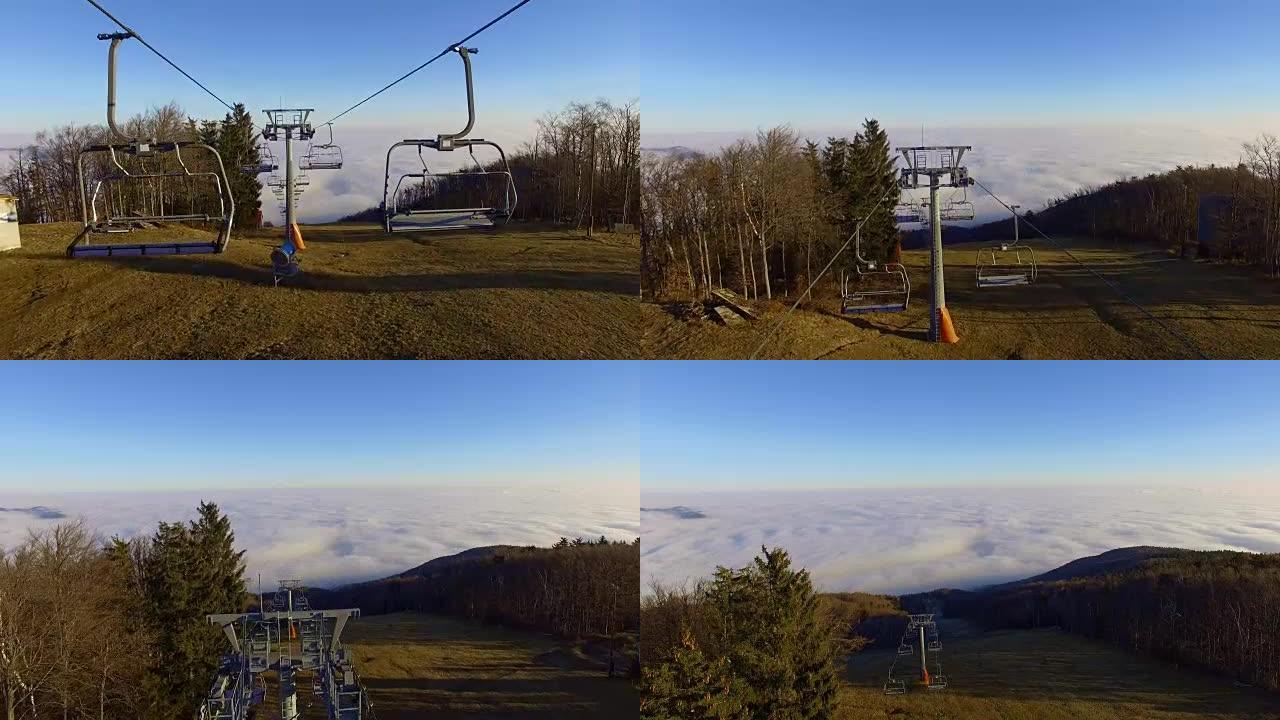 寒冷的秋天早晨的空中滑雪胜地