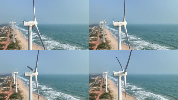航拍海南海岸线风力发电美景