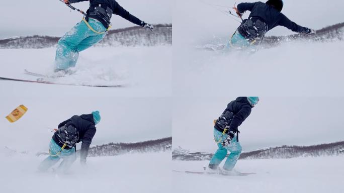 SLO MO风筝冲浪者在雪地上冲浪